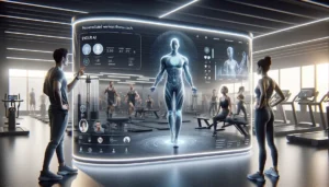 Advanced AI-powered gym equipment from Fitech offering personalized workouts and real-time feedback in a modern fitness studio.